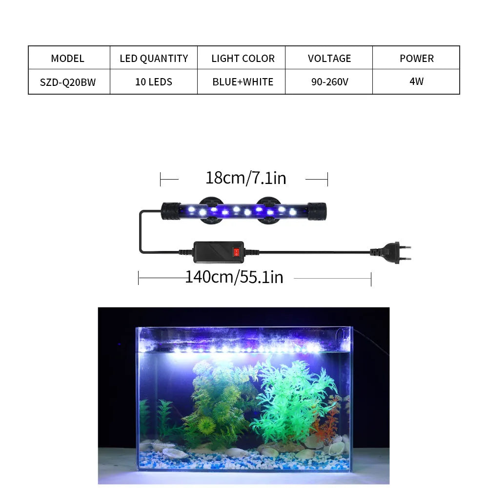Aquarium light with specifications and an example of use.