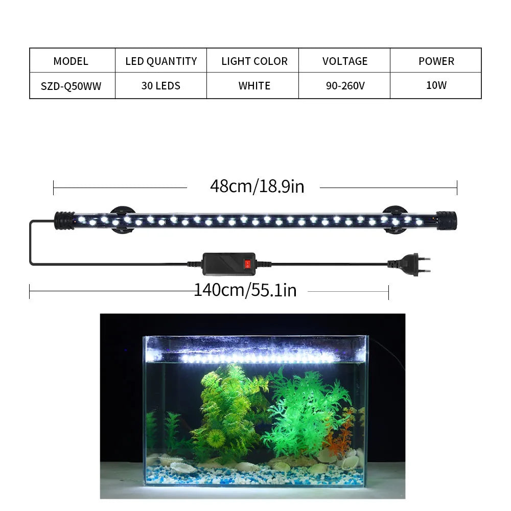 Aquarium LED light with specifications and dimensions on a white background