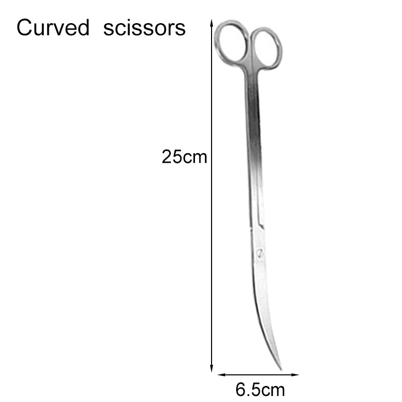 Curved scissors with measurement details on a white background