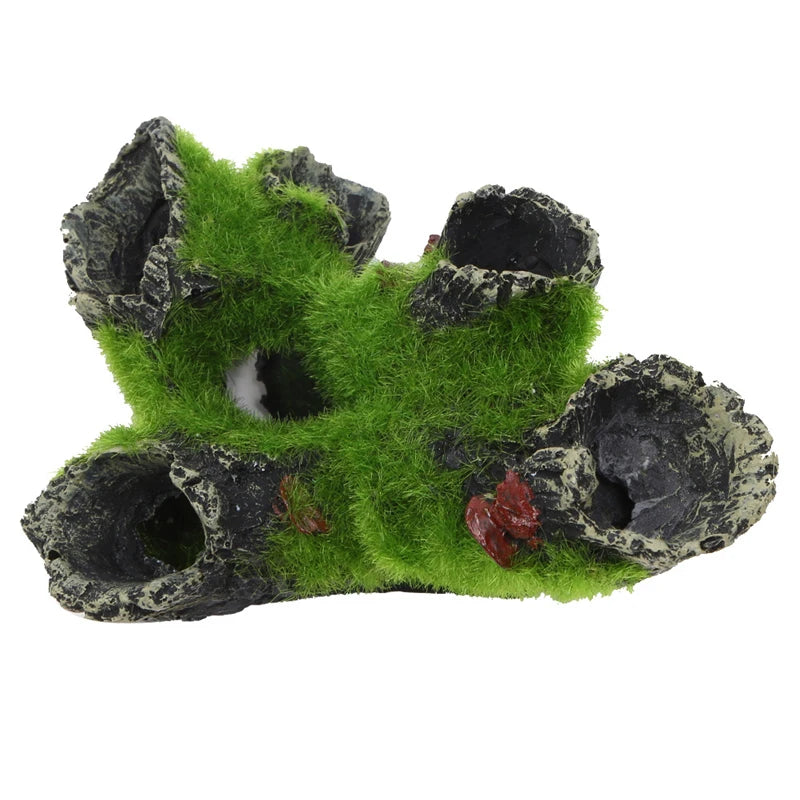 Decorative aquarium rock with green moss and dark gray texture on a white background