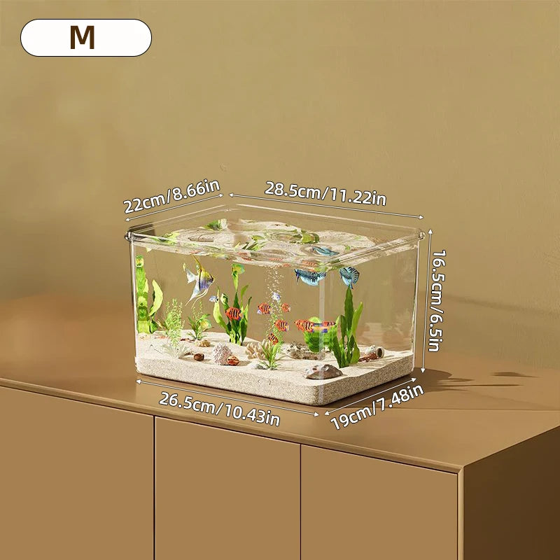 Clear fish tank with fish and plants on a wooden surface, showing measurements.
