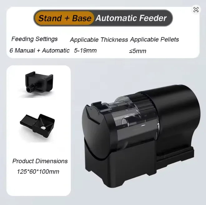 Black automatic feeder with product dimensions and features on a light gray background
