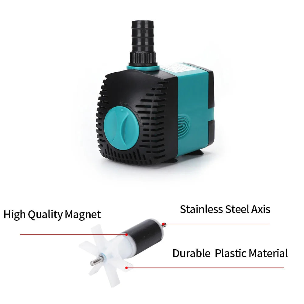 Teal and black pump with highlighted features on a white background