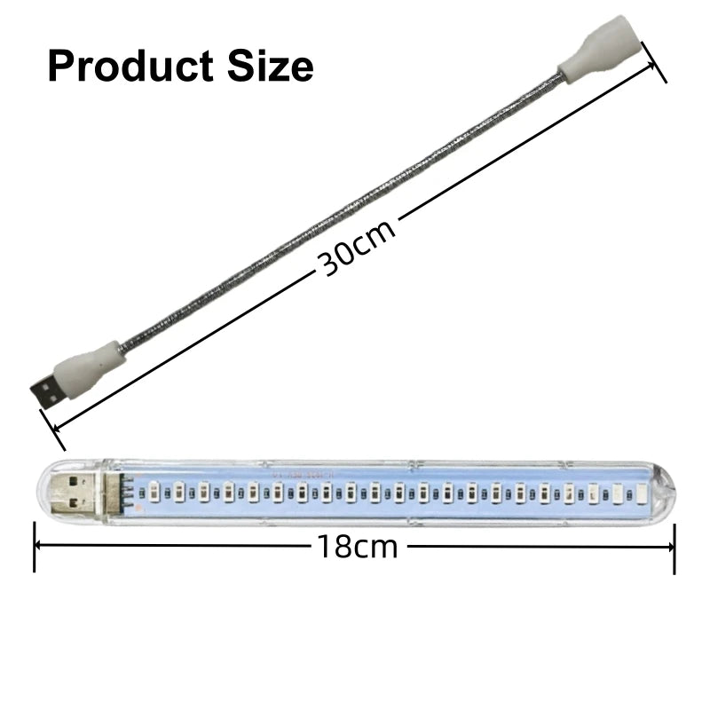 Measurement chart of a USB light strip with dimensions labeled on a white background
