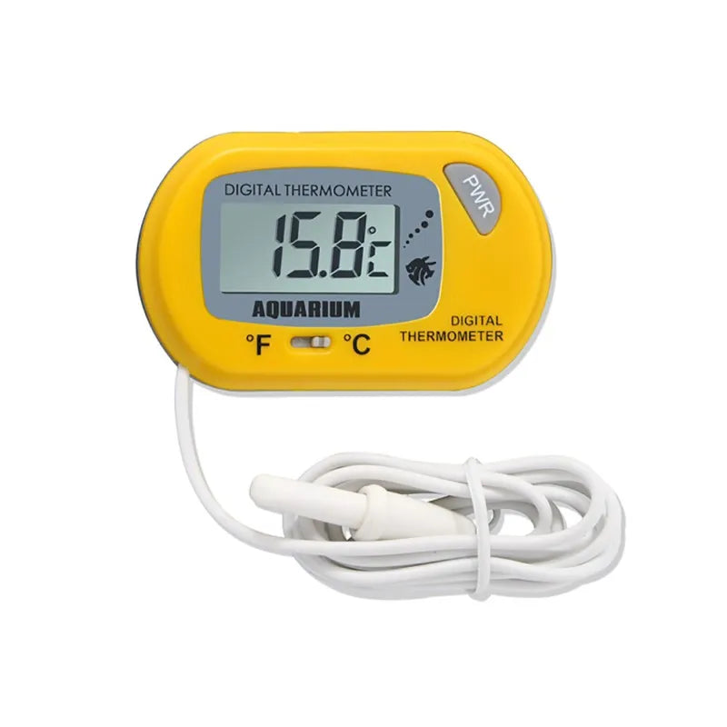 Yellow digital aquarium thermometer with a white cord on a white background