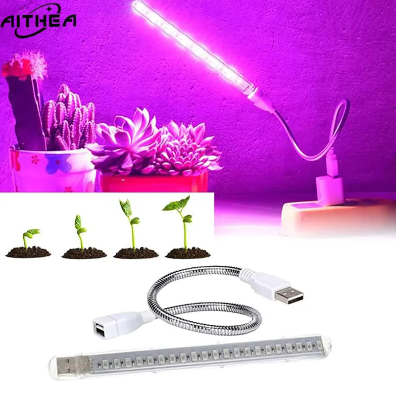 LED grow light with USB cable on a white background, showing its use on plants.