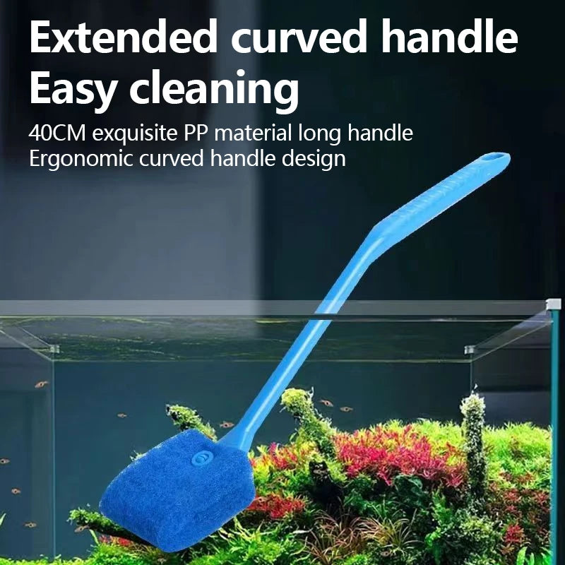 Blue aquarium cleaning tool with extended curved handle in front of an aquarium.