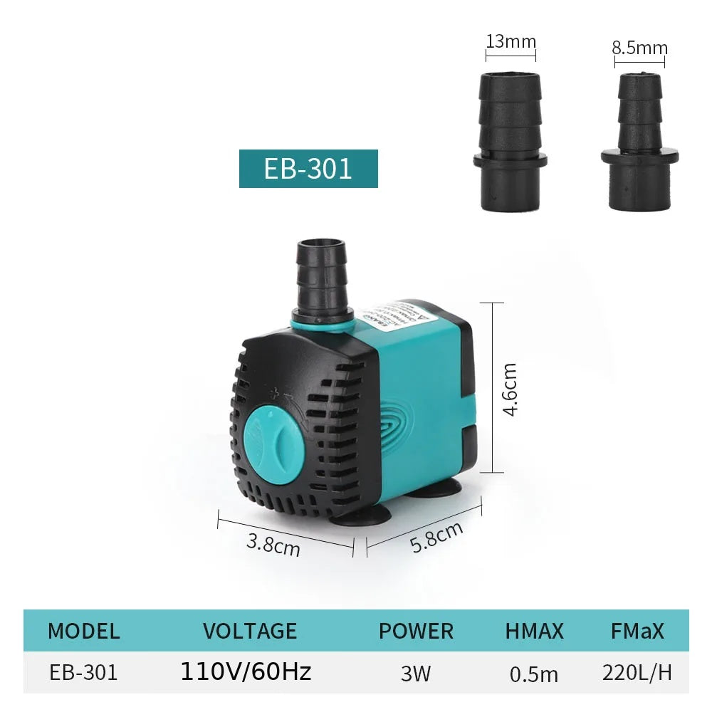 EB-301 water pump with dimensions and specifications on a white background