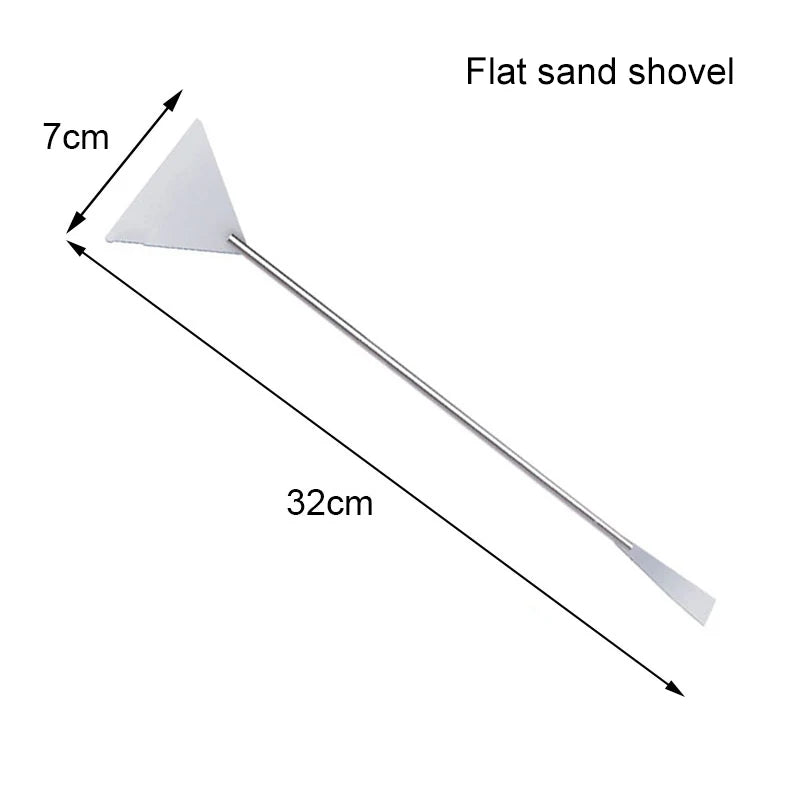 Measurement chart of a flat sand shovel with dimensions labeled.