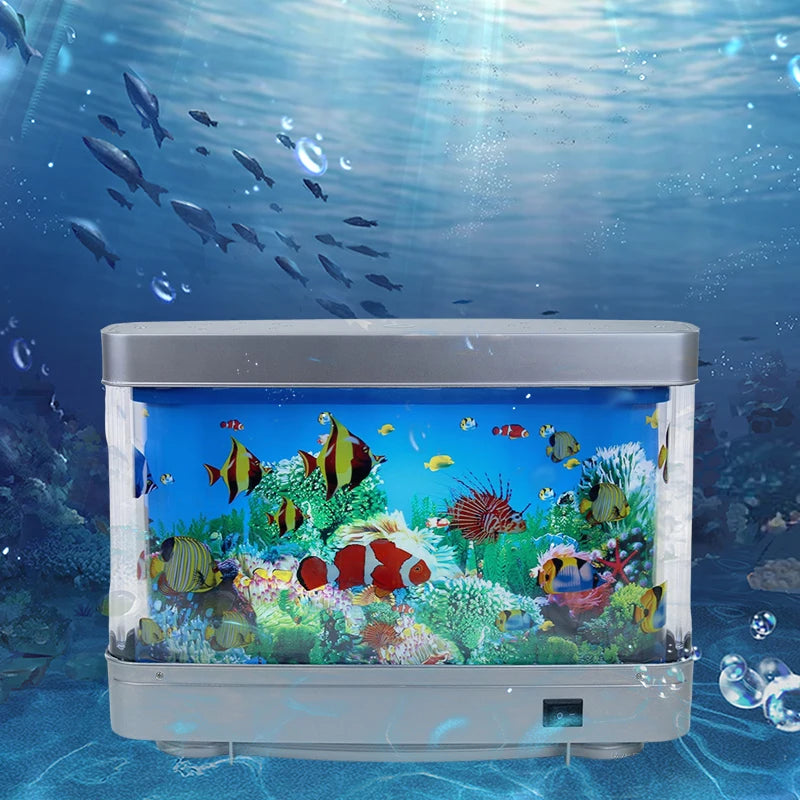 Fish tank with colorful fish and underwater scenery on a blue underwater background
