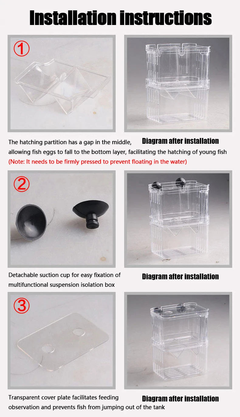 Installation instructions for a fish tank with diagrams and text on a gray background