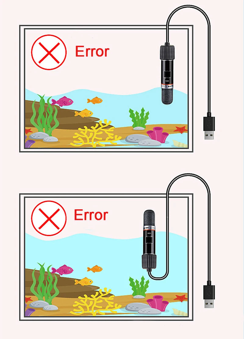 Diagram showing incorrect and correct ways to connect a USB device to an aquarium setup with error indicators.