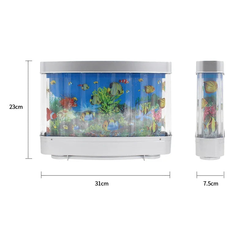 Small aquarium with fish and coral, showing dimensions on a white background