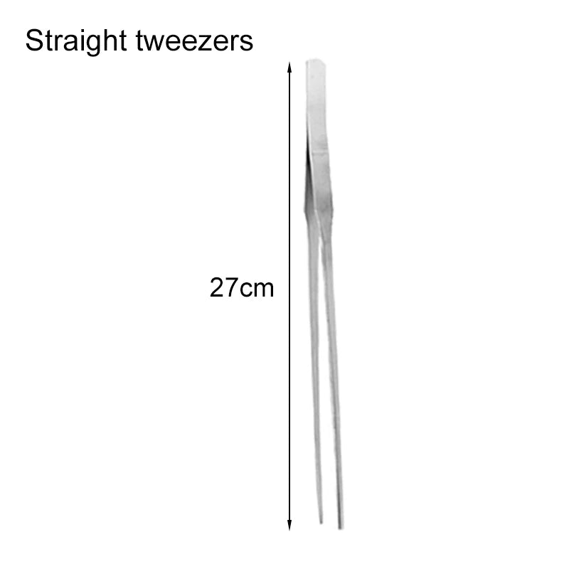 Straight tweezers with a length of 27cm on a white background