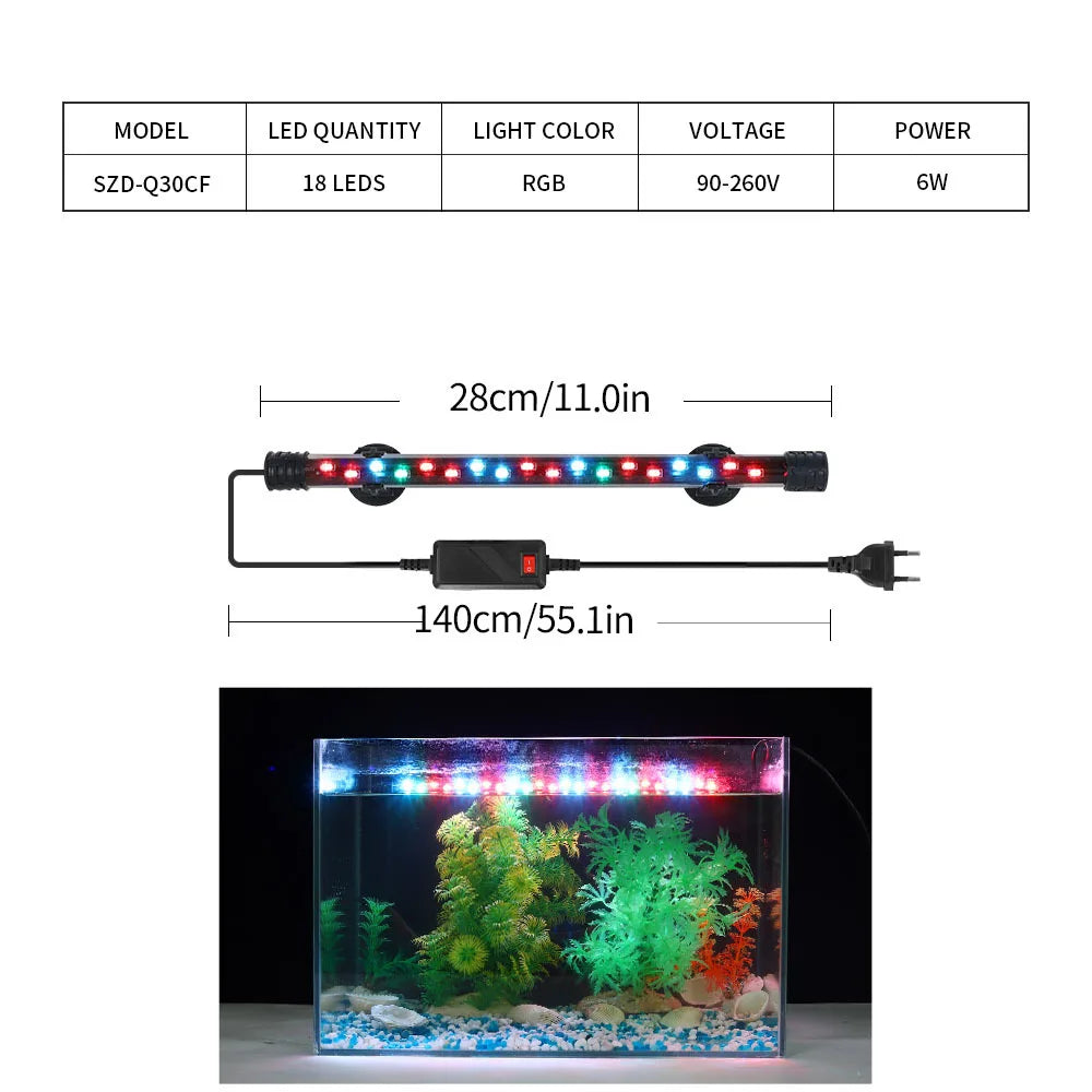 LED aquarium light with specifications and a sample installation in an aquarium.