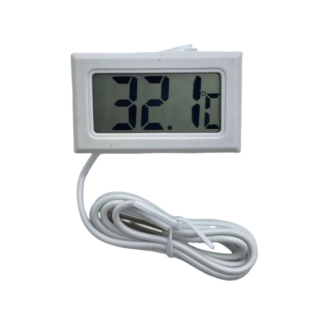 Digital thermometer with a white cable on a white background