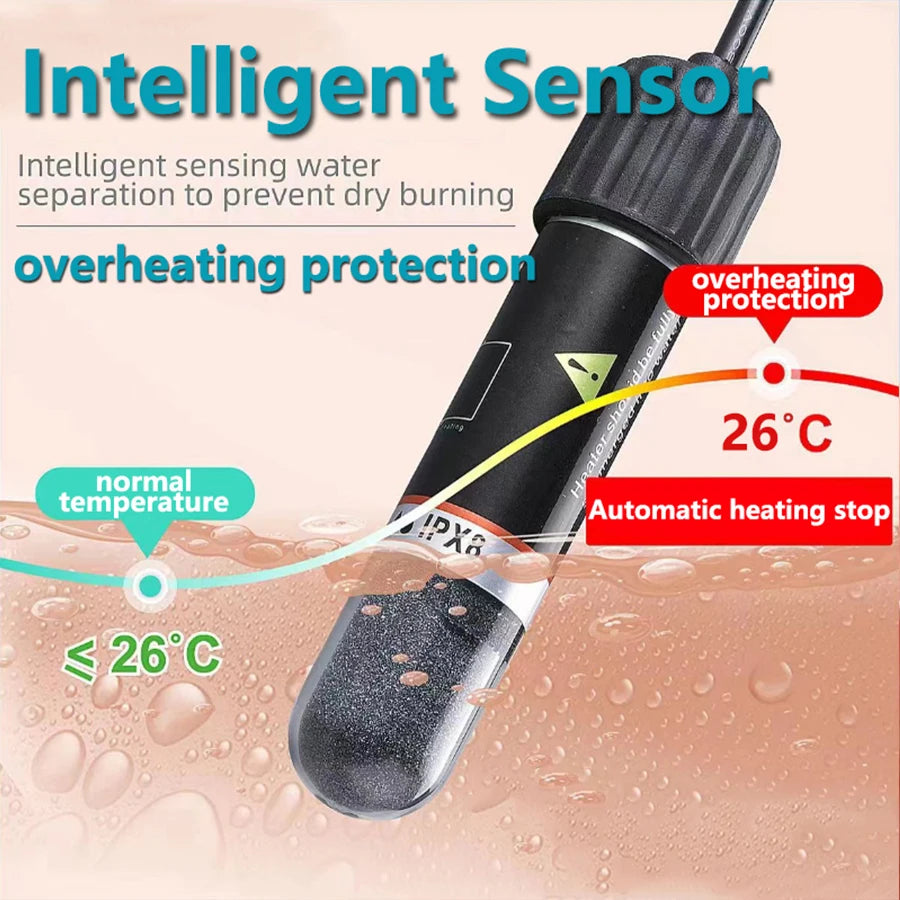 Electric heating element with intelligent sensor and temperature display on a wet surface background.