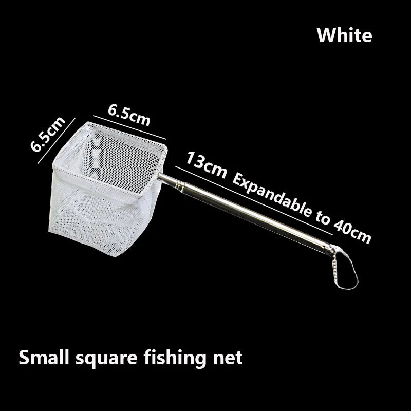 Small square fishing net with measurements on a black background