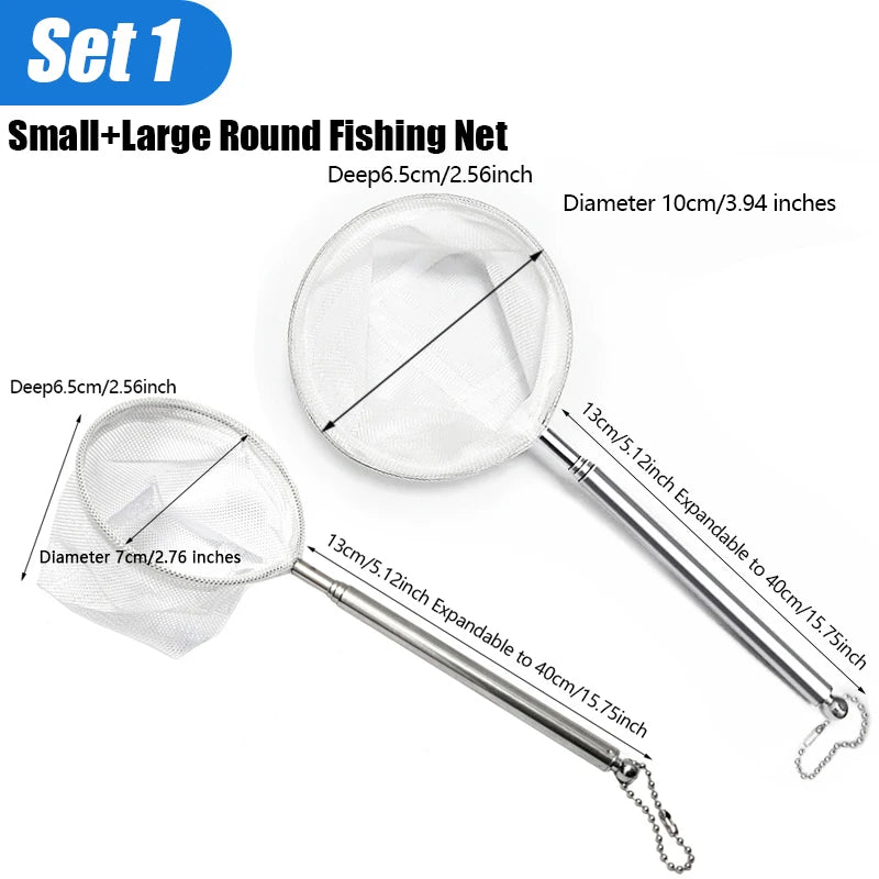 Two round expandable fishing nets with metal handles and chain loops on a white background, with text showing sizes and dimensions for small and large versions.