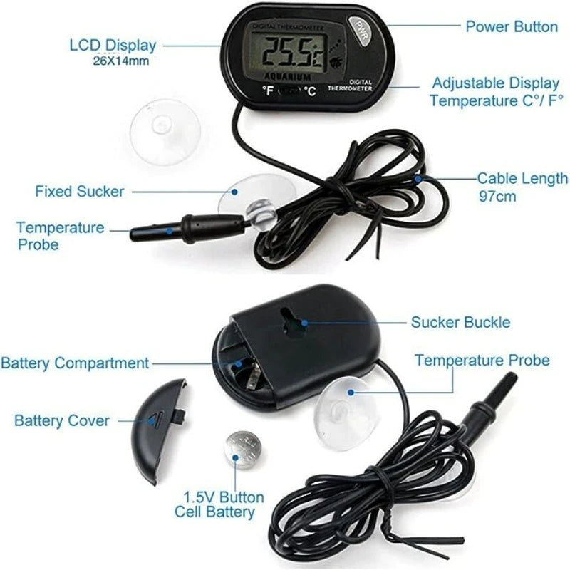 Digital thermometer with labeled parts on a white background