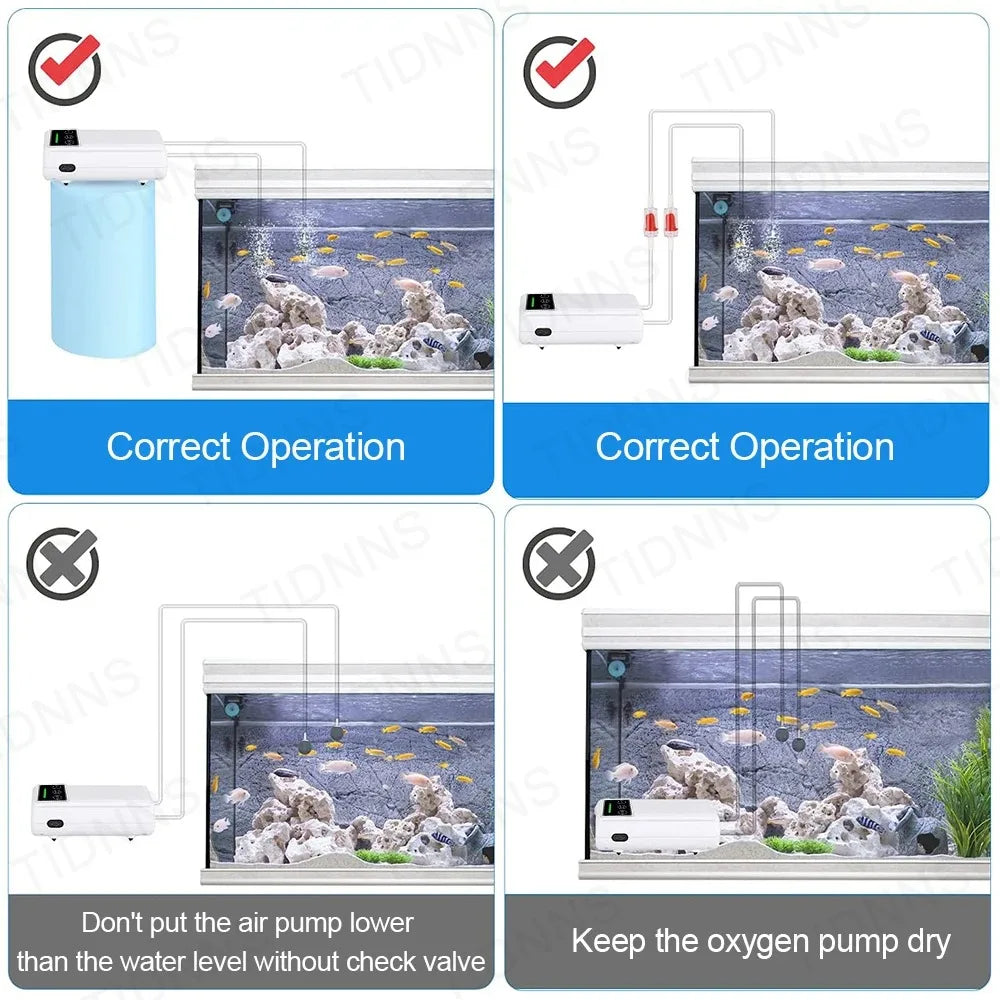 Illustrations showing correct and incorrect ways to operate an aquarium with an air pump.