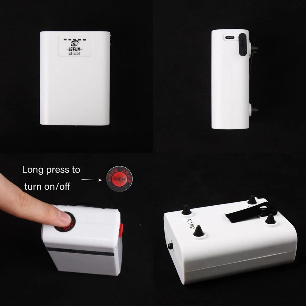 White electronic device with a red button on a black background