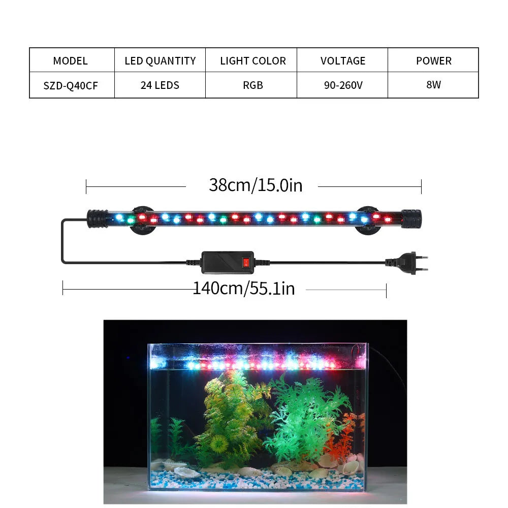 LED aquarium light with specifications and a sample setup in an aquarium.