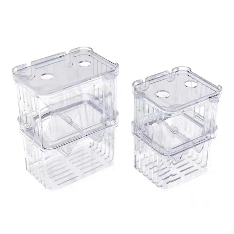 Two clear plastic crates stacked on a white background