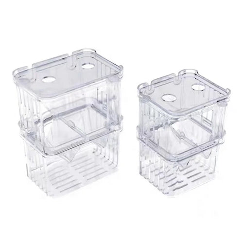 Two clear plastic crates stacked on a white background
