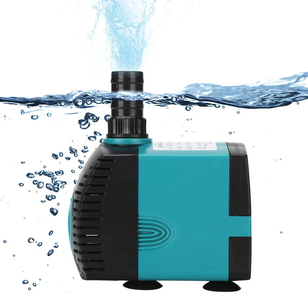 Blue and black water pump with water splashing around it on a white background