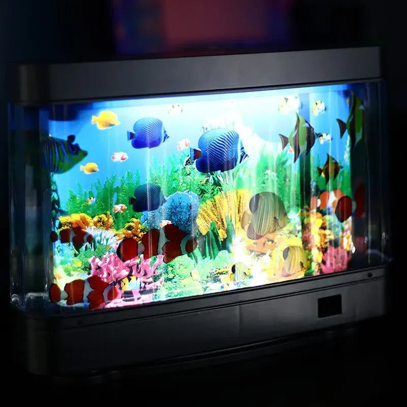 Fish tank with colorful fish and underwater scenery in a dark setting