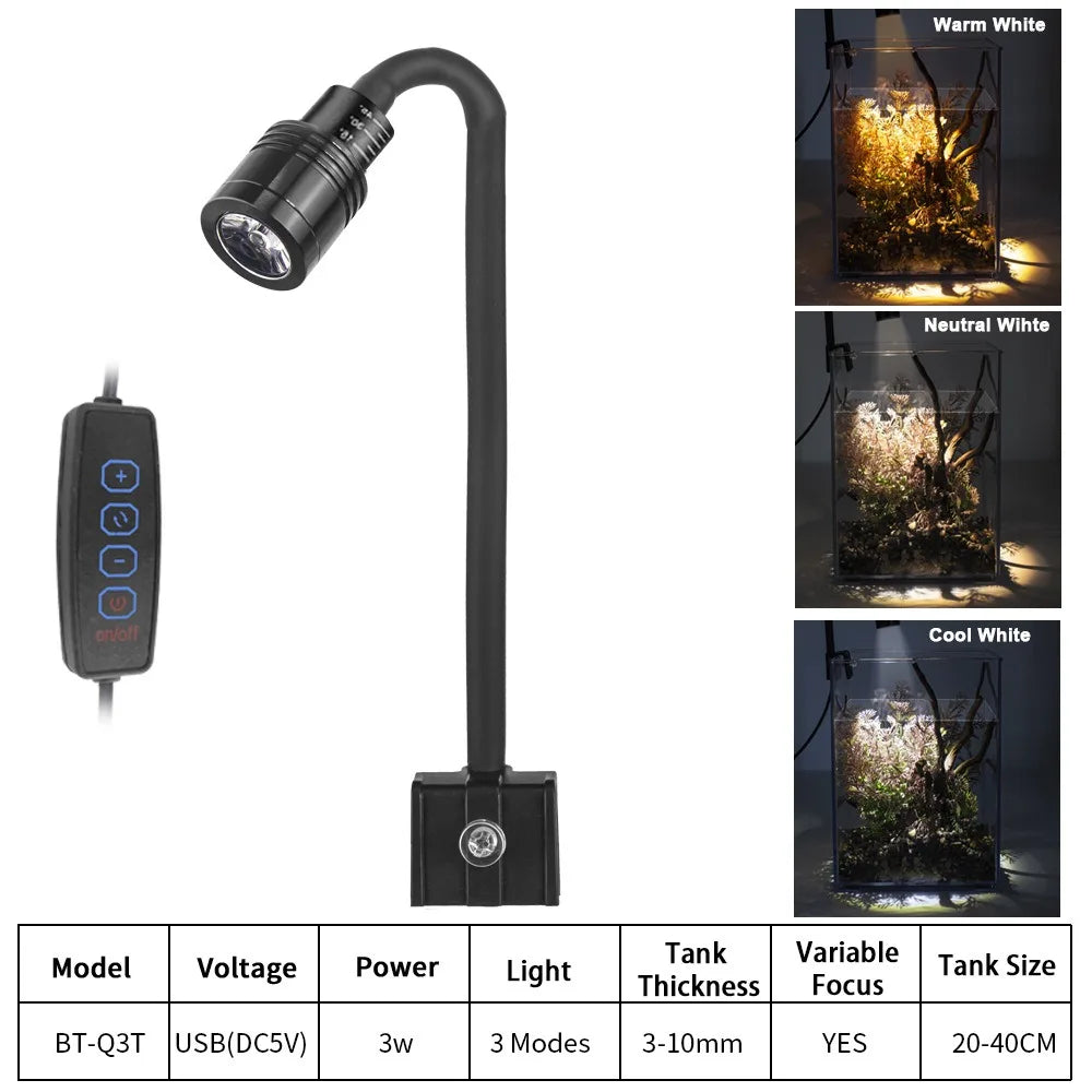Aquarium light with adjustable head and control panel, showing different color temperatures on a white background.