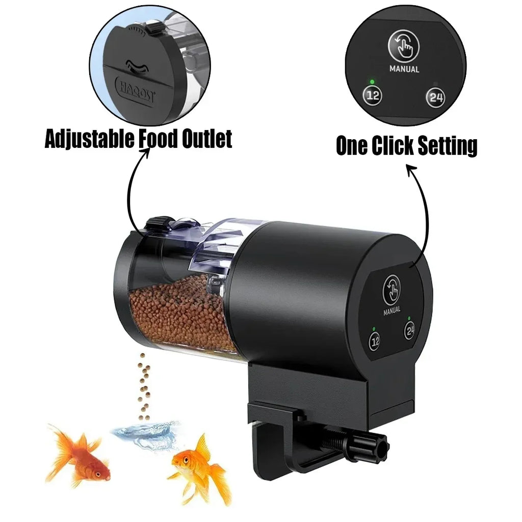 Black aquarium feeder with adjustable food outlet and one-click setting, featuring goldfish illustrations.