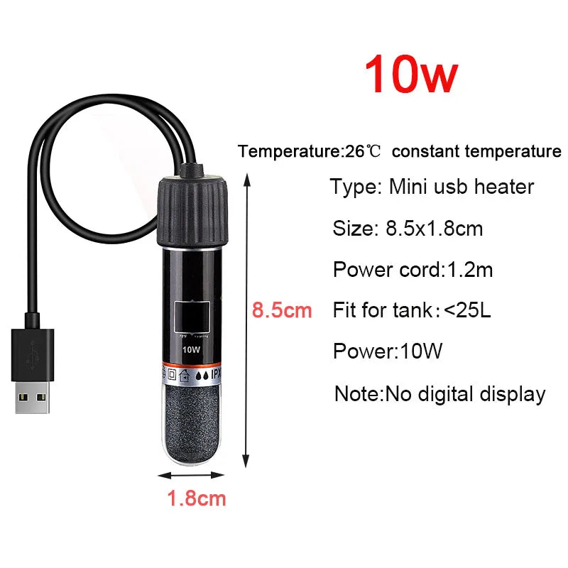 Mini USB heater with specifications on a white background