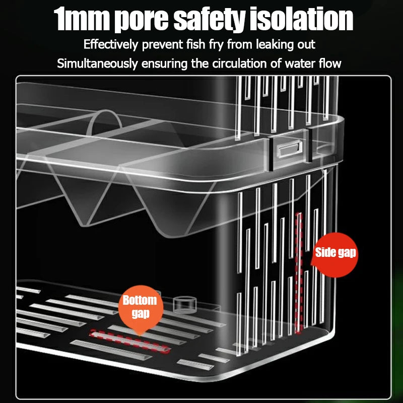 Aquarium filter with text on 1mm pore safety isolation and water flow circulation.