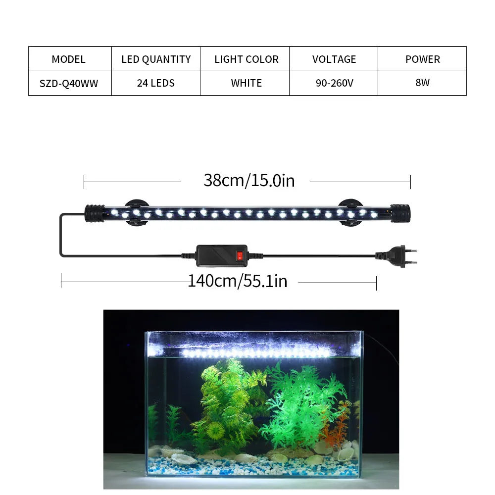 Aquarium light with specifications and a sample setup in an aquarium.