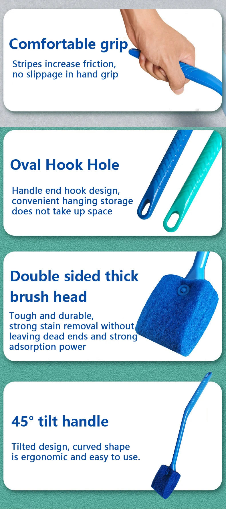 Blue cleaning brush with features highlighted on a white background