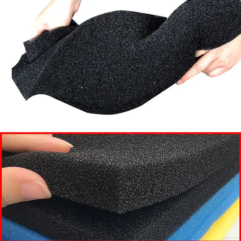 Black foam pad held by hands with close-up of texture on a white background