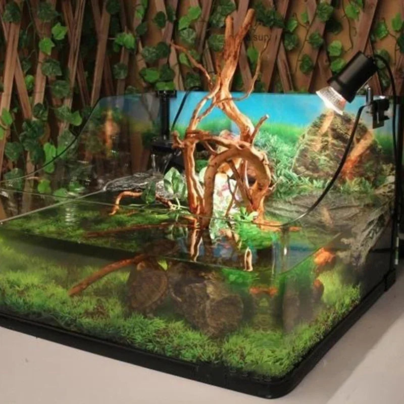 Futuristic greenhouse with artificial plants and a light bulb on a white surface