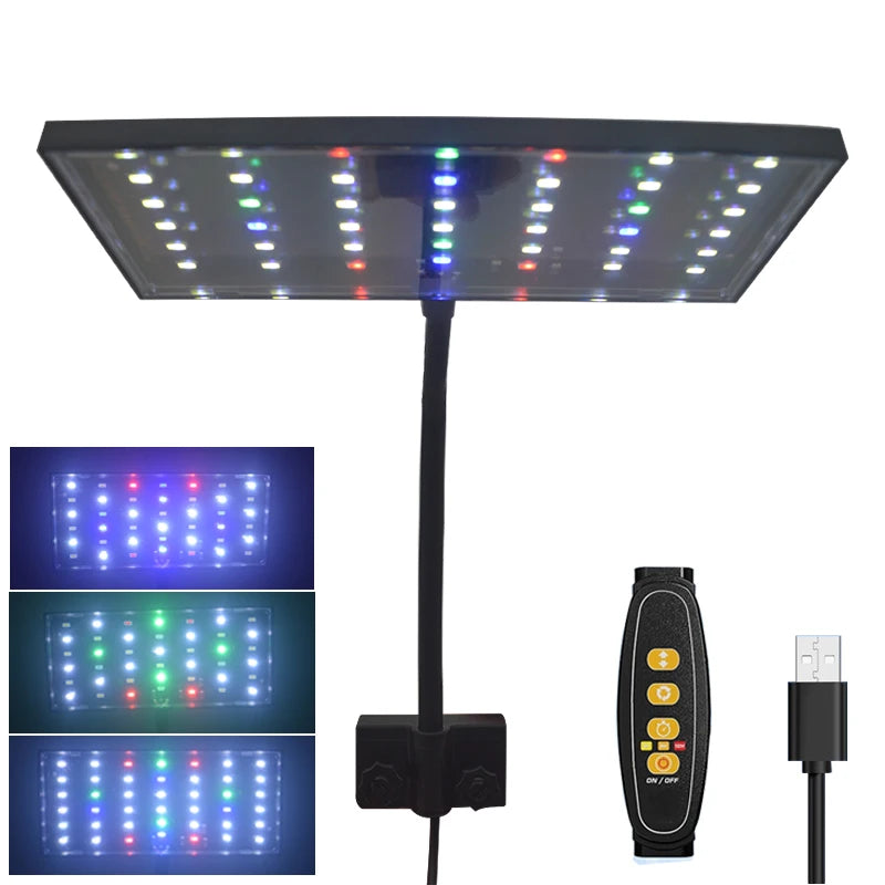 LED panel light with RGB color changes and remote control on a white background