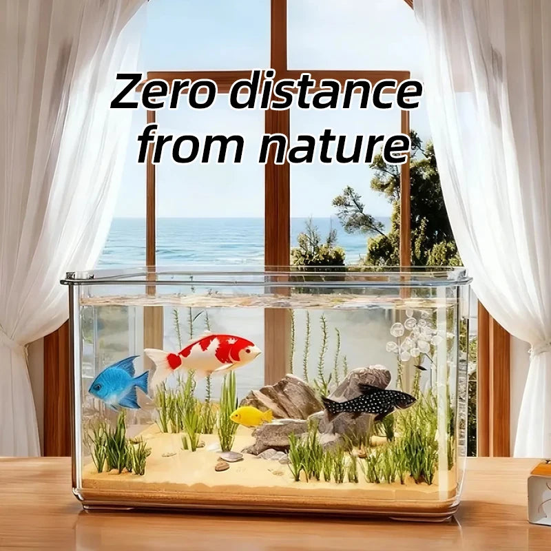 Fish tank with colorful fish on a table by a large window with a view of the ocean.