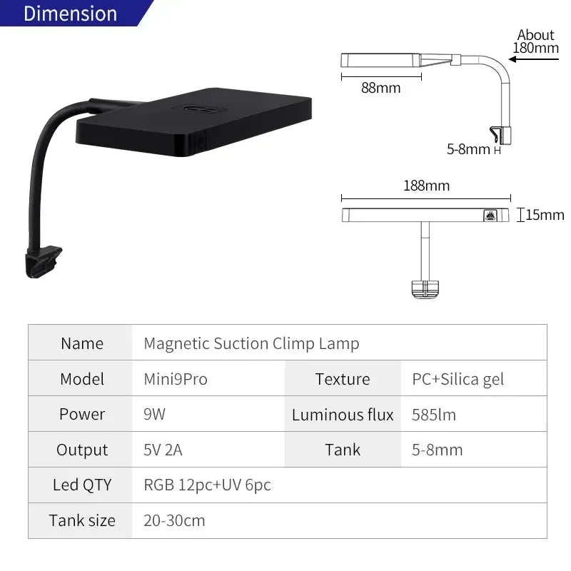 Magnetic suction clamp lamp with dimensions and specifications on a white background