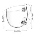 Clear glass cup with dimensions labeled on a white background