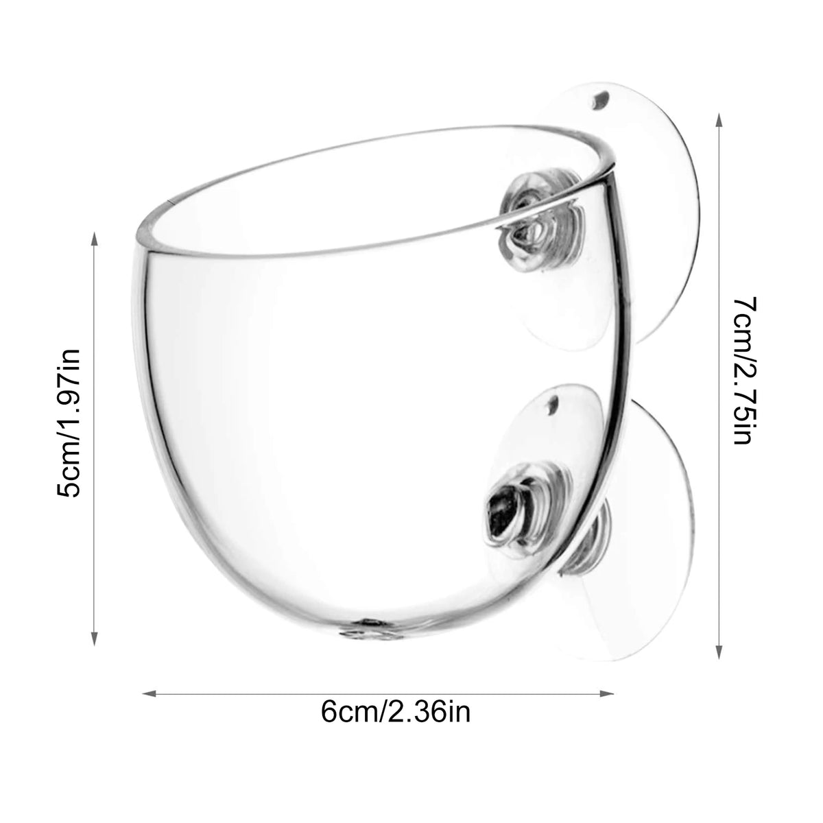 Clear glass cup with dimensions labeled on a white background