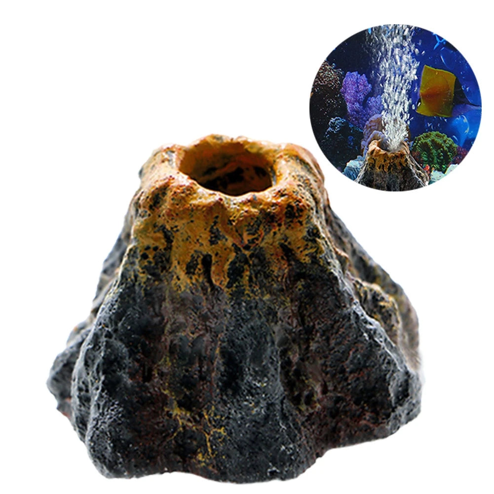 Decorative aquarium rock with inset showing underwater scene with fish and coral