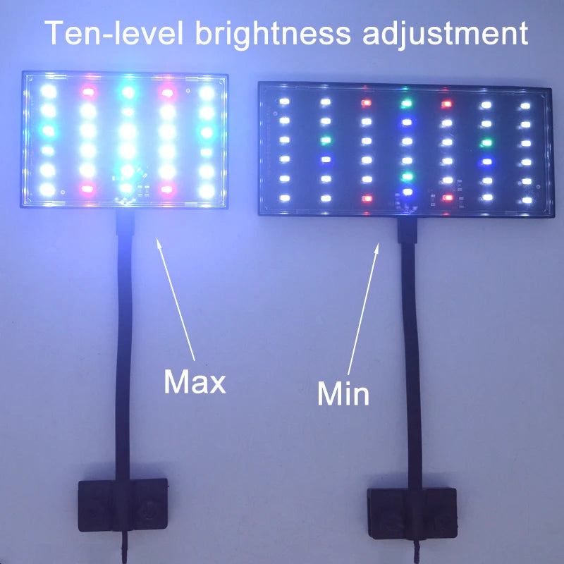 Two LED panels with ten-level brightness adjustment, labeled 'Max' and 'Min'.