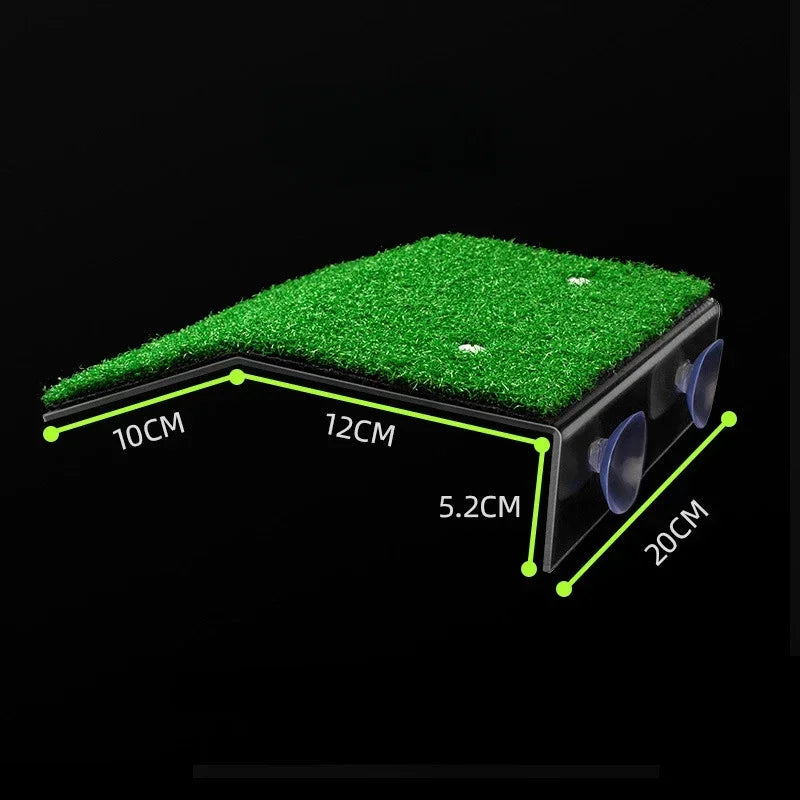An artificial turf golf green mat with a black frame and two suction cups, shown with green dimension lines and labels indicating 10CM, 12CM, 5.2CM, 20CM, on a black background.