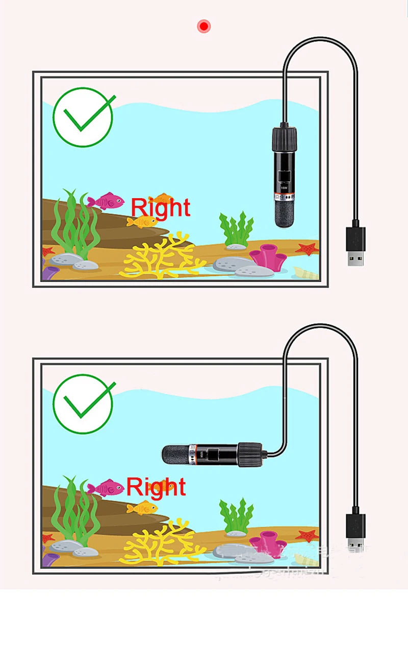 Aquarium setup with USB power adapter and cable, showing correct and incorrect placements.