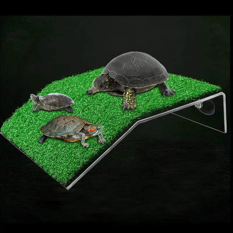 A clear acrylic turtle ramp with bright green artificial grass, shown with three small turtles on a black background.
