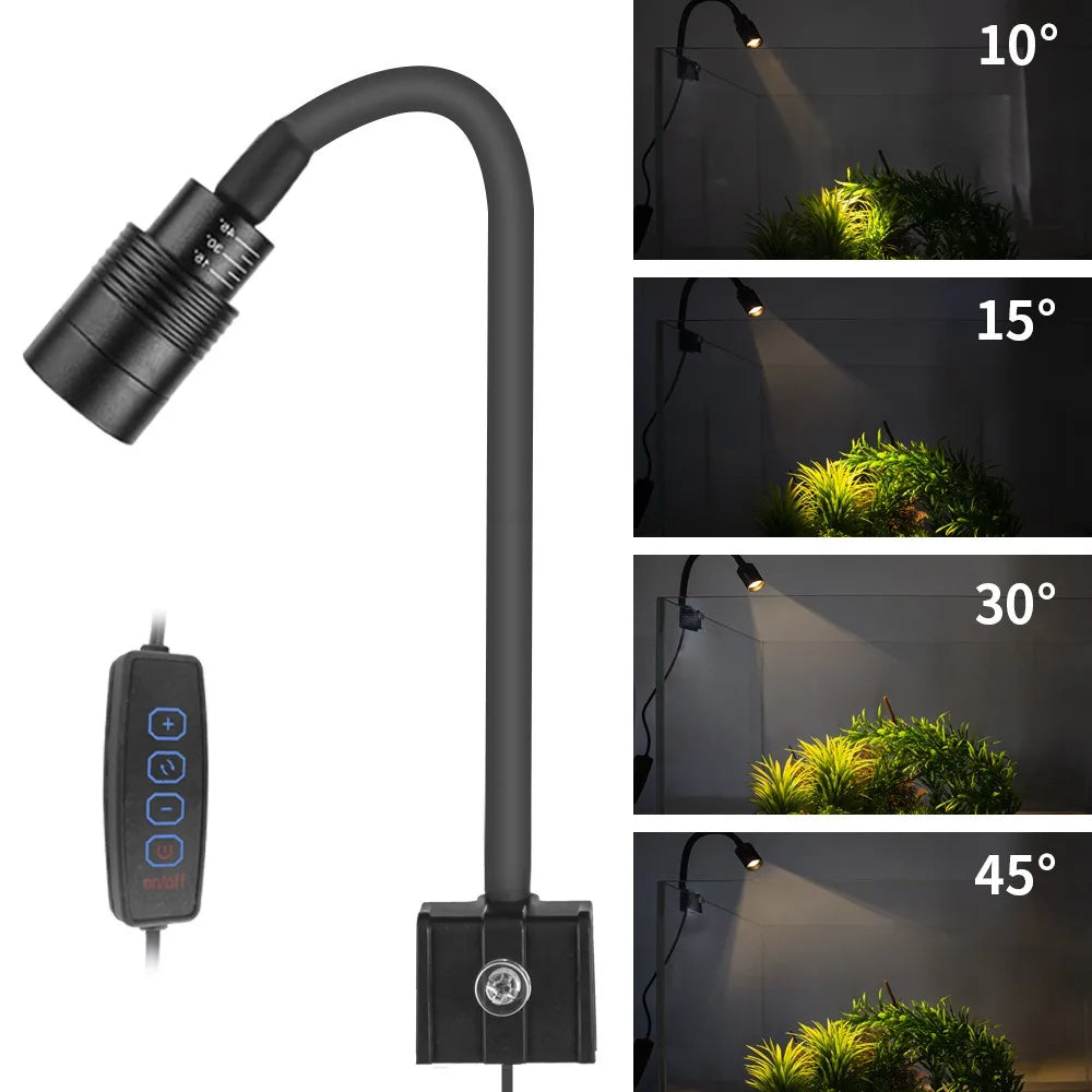 Black adjustable LED grow light with remote control, showing different angles on plants.